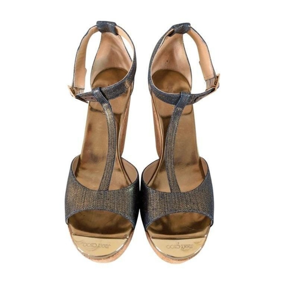 Jimmy Choo Metallic Denim Wedge‎ Sandals Indigo Gold Size 39 - Picture 3 of 9